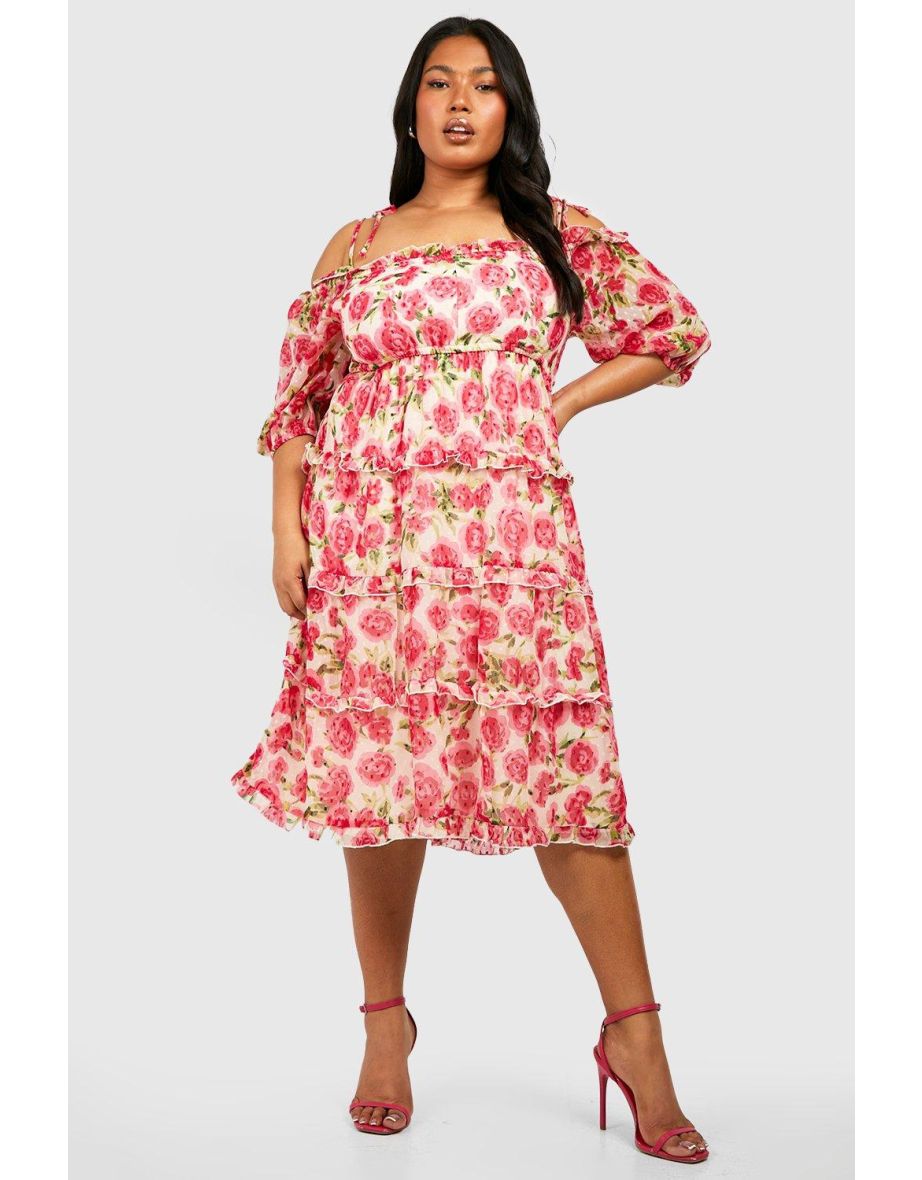 Plus Rose Dobby Mesh Shirred Tiered Midi Dress - pink