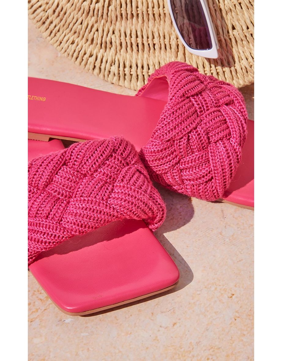Pink Square Toe Knitted Plaited Flat Sandals Wide Fit - 3