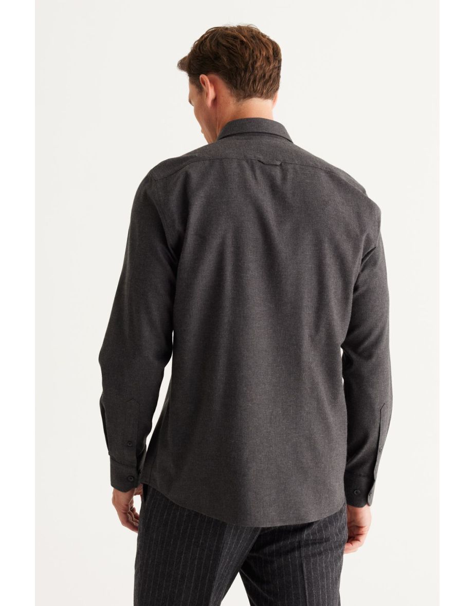 Men's Anthracite Cotton Flannel Oxford Slim Fit Slim Fit Hidden Button-down Collar Shirt - 5