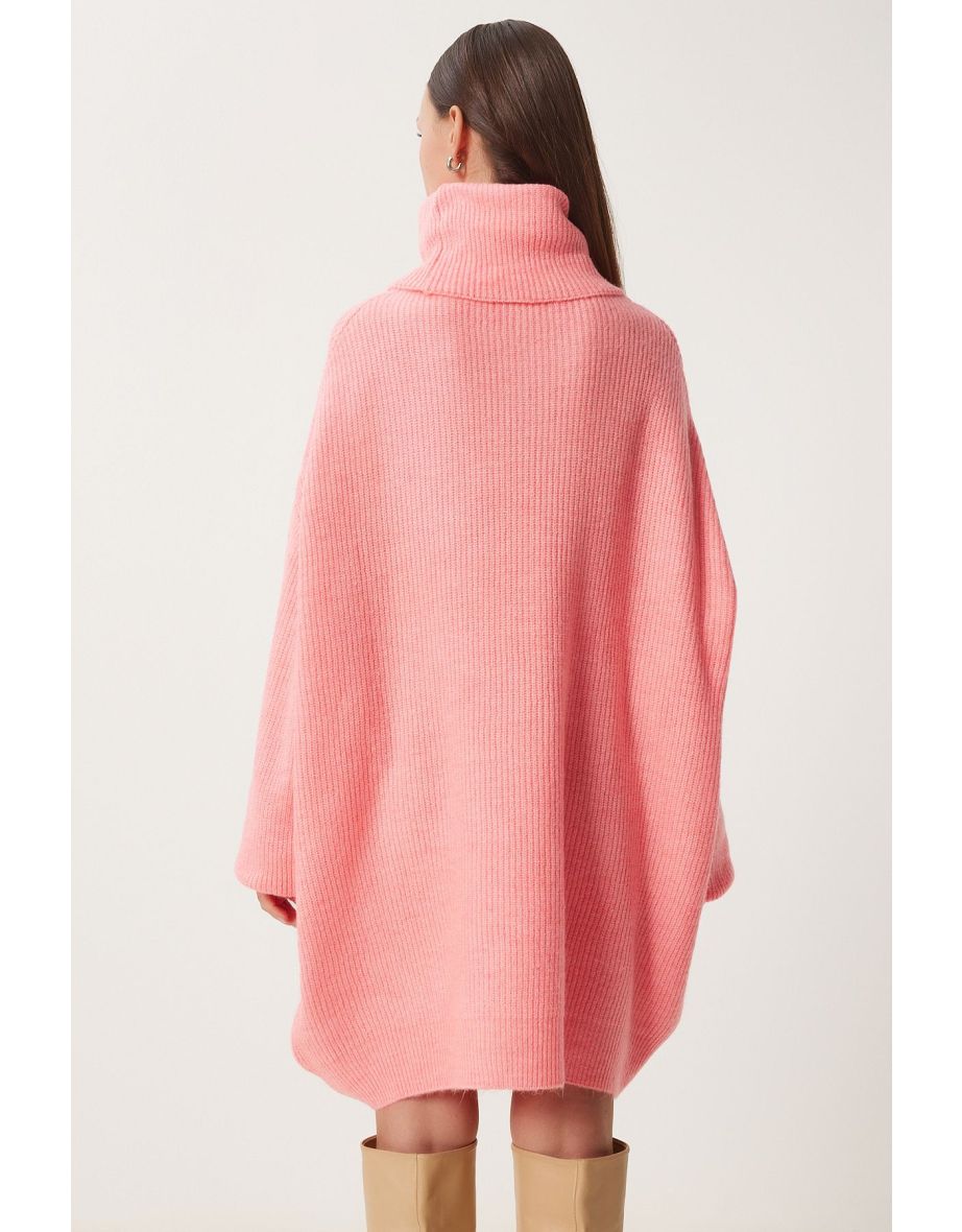 Women's Pink Turtleneck Long Knit Sweater - 3