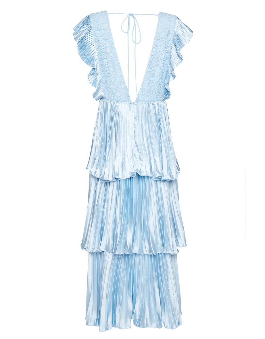 Beatrice Blue Satin Pleated Tiered Dress - 5