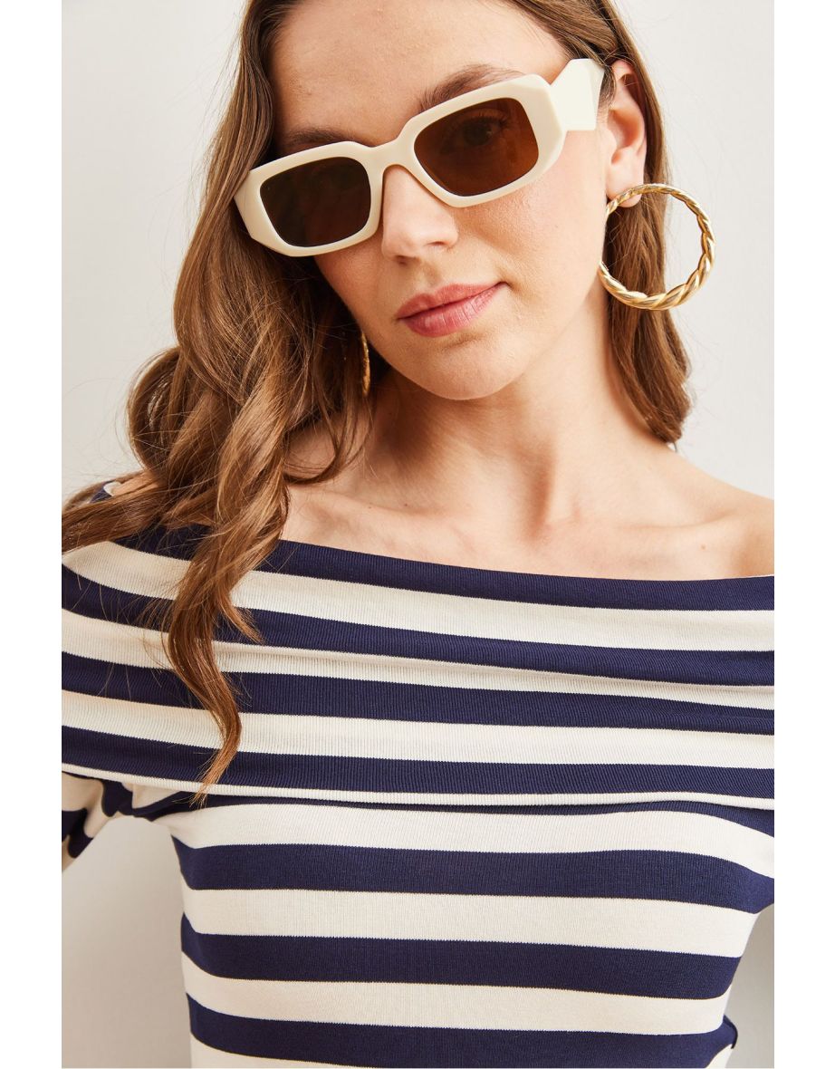 Women's Thick Striped Navy Blue Madonna Collar Soft Touch Flexible Top - 4