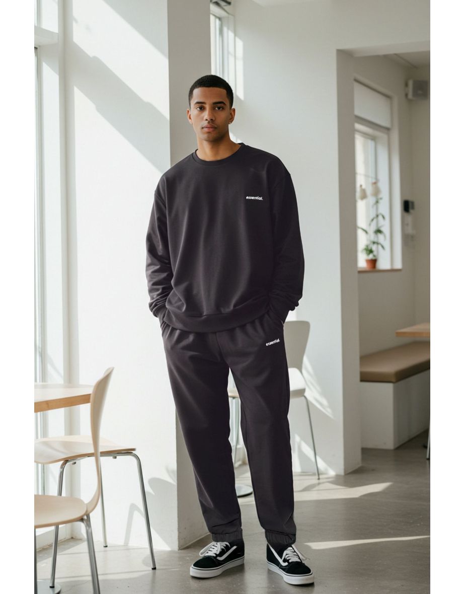 Anthracite Tracksuit Set Oversize / Wide Cut Text Printed With Fleece Inside