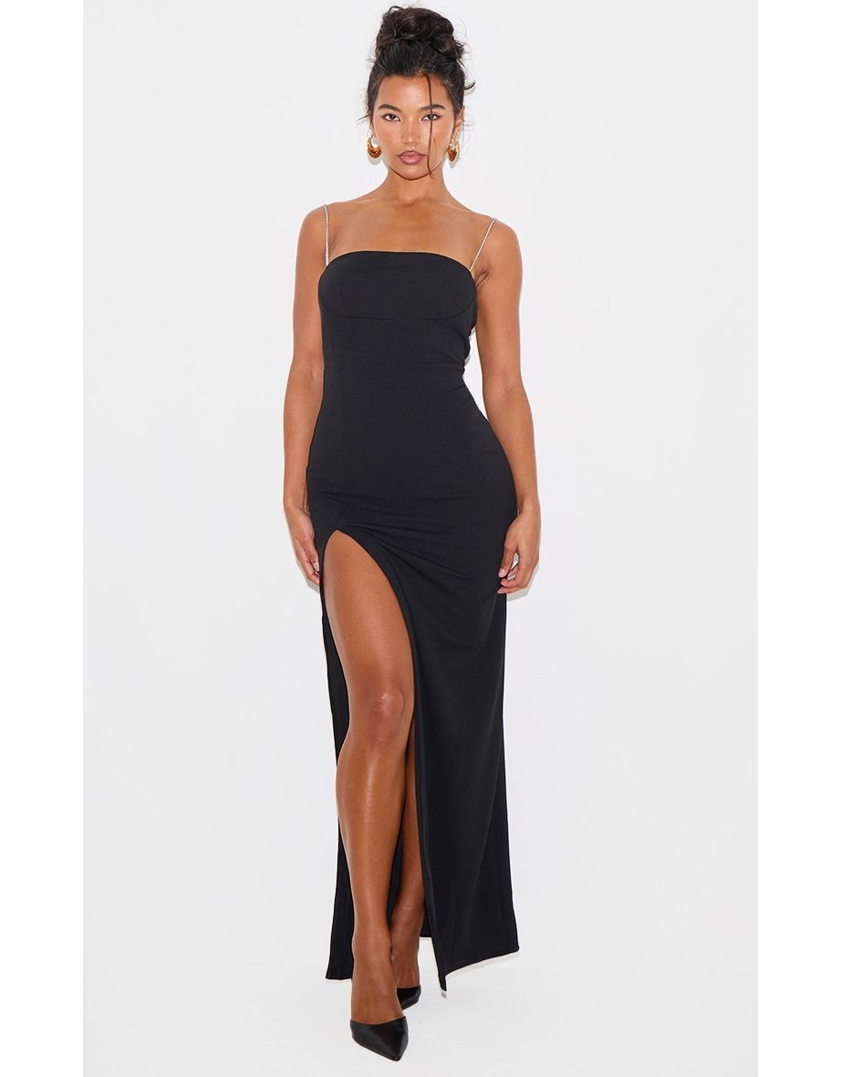 Black Diamante Strap Underbust Detail Maxi Dress