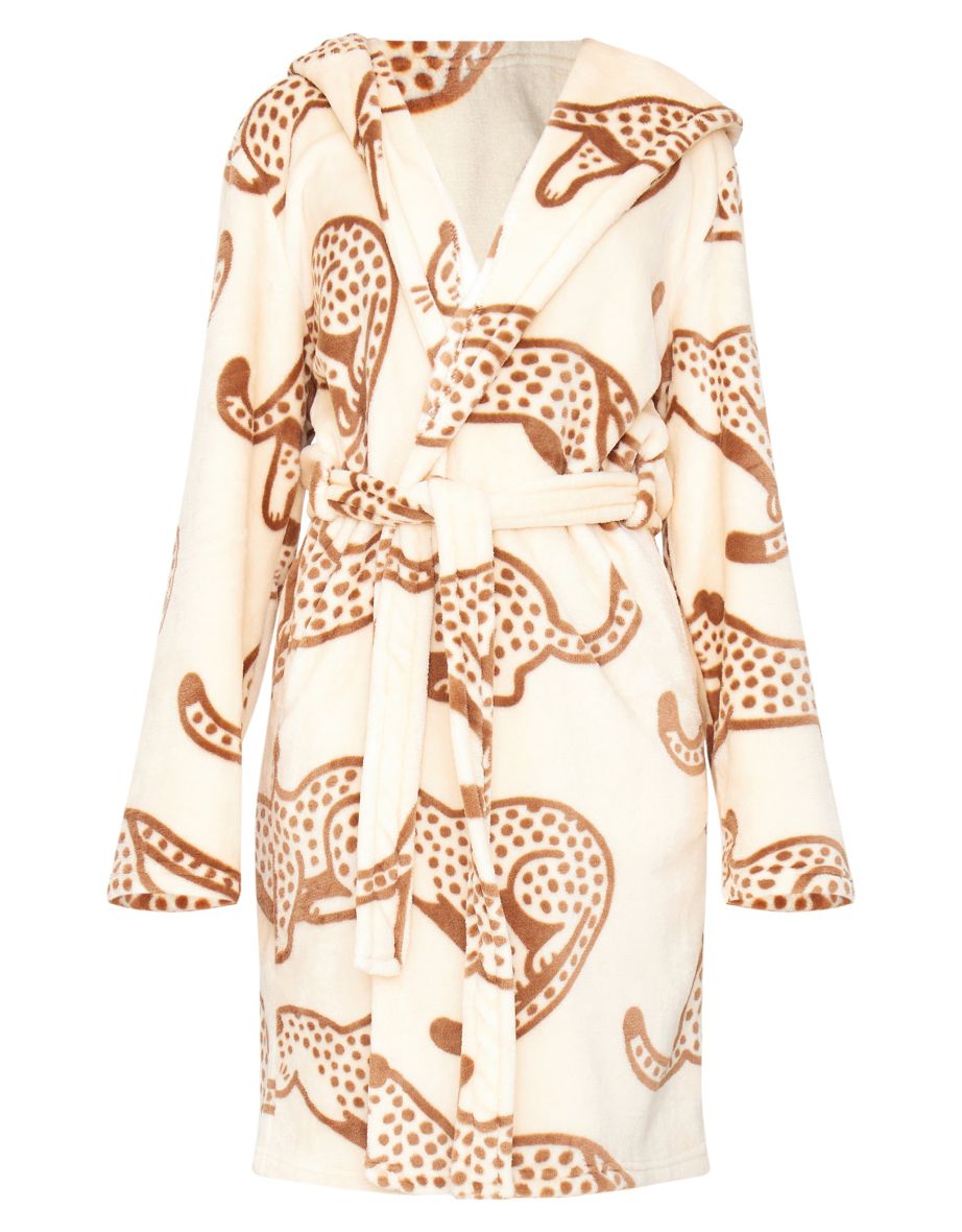 Cream Cheetah Print Fleece Dressing Gown - 4