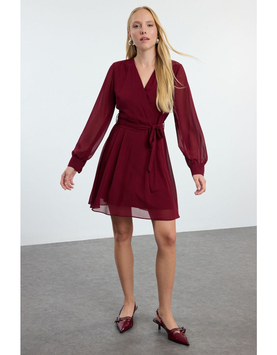 Burgundy Belted Flounce Skirt Chiffon Mini Woven Dress