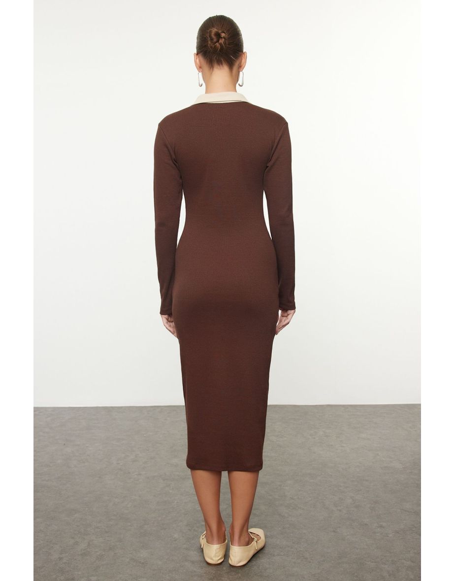 Brown Color Block Bodycone/Fits the Body Snap Detail Midi Knit Dress - 4