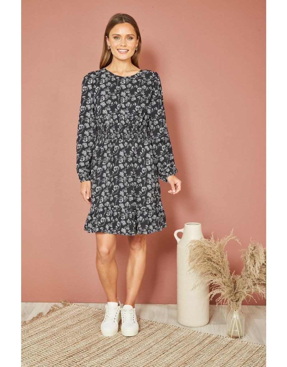 Mela Black Floral Print Ruched Waist Long Sleeve Skater Dress