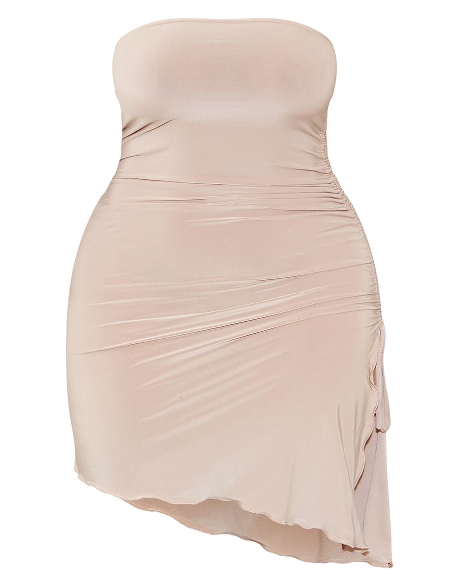 Shape Stone Slinky Bandeau Ruched Side Frill Hem Bodycon Dress - 4