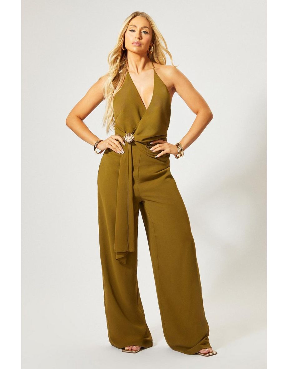 Shell Trim Wide Leg Halterneck Jumpsuit