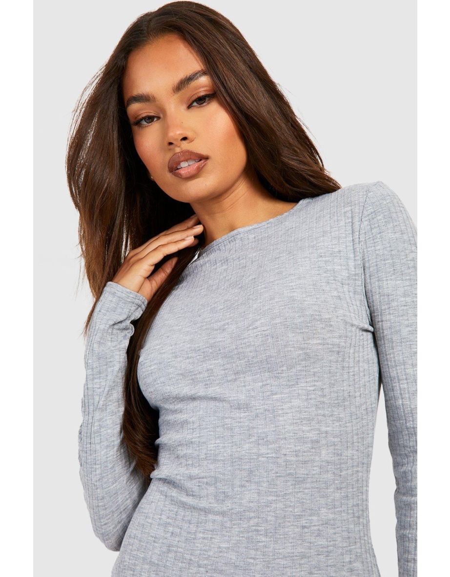 Soft Rib Long Sleeve Bodycon Midi Dress - grey - 3