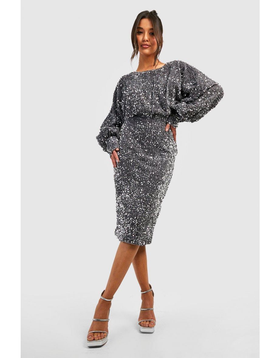 Sequin Open Back Midi Dress - silver