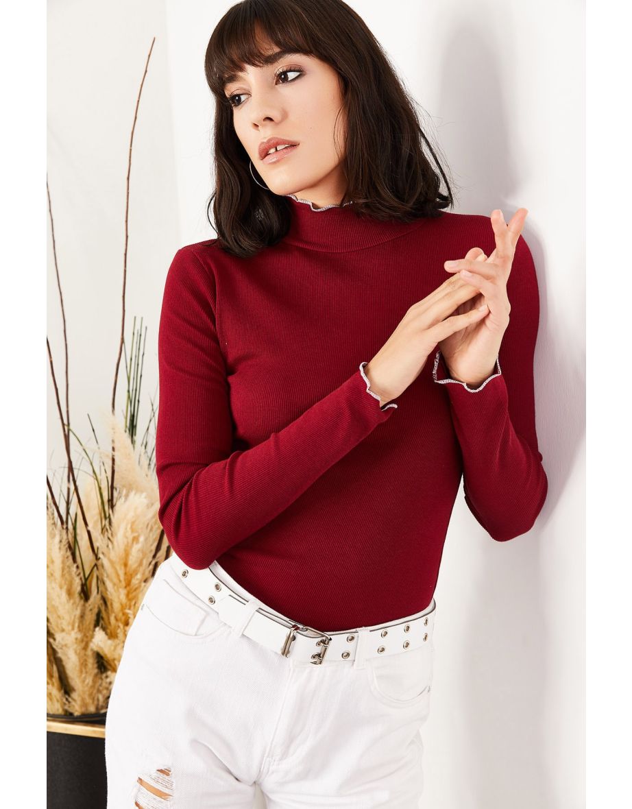 Women's Claret Red Collar And Sleeve Detailed Camisole Sweater