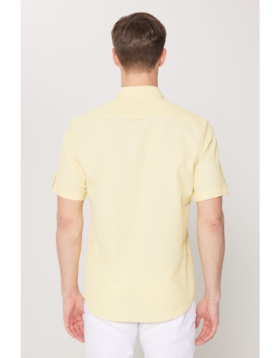Men's Yellow Slim Fit Narrow Cut Hidden Button Collar Short Sleeve Shirt - 5