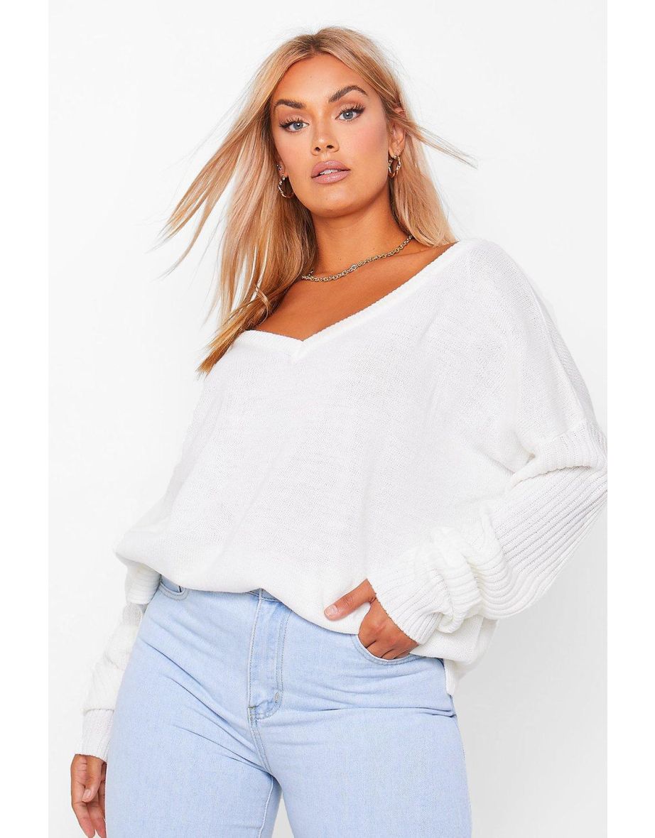 Plus Jumper V Neck Detail Front And Back - ivory