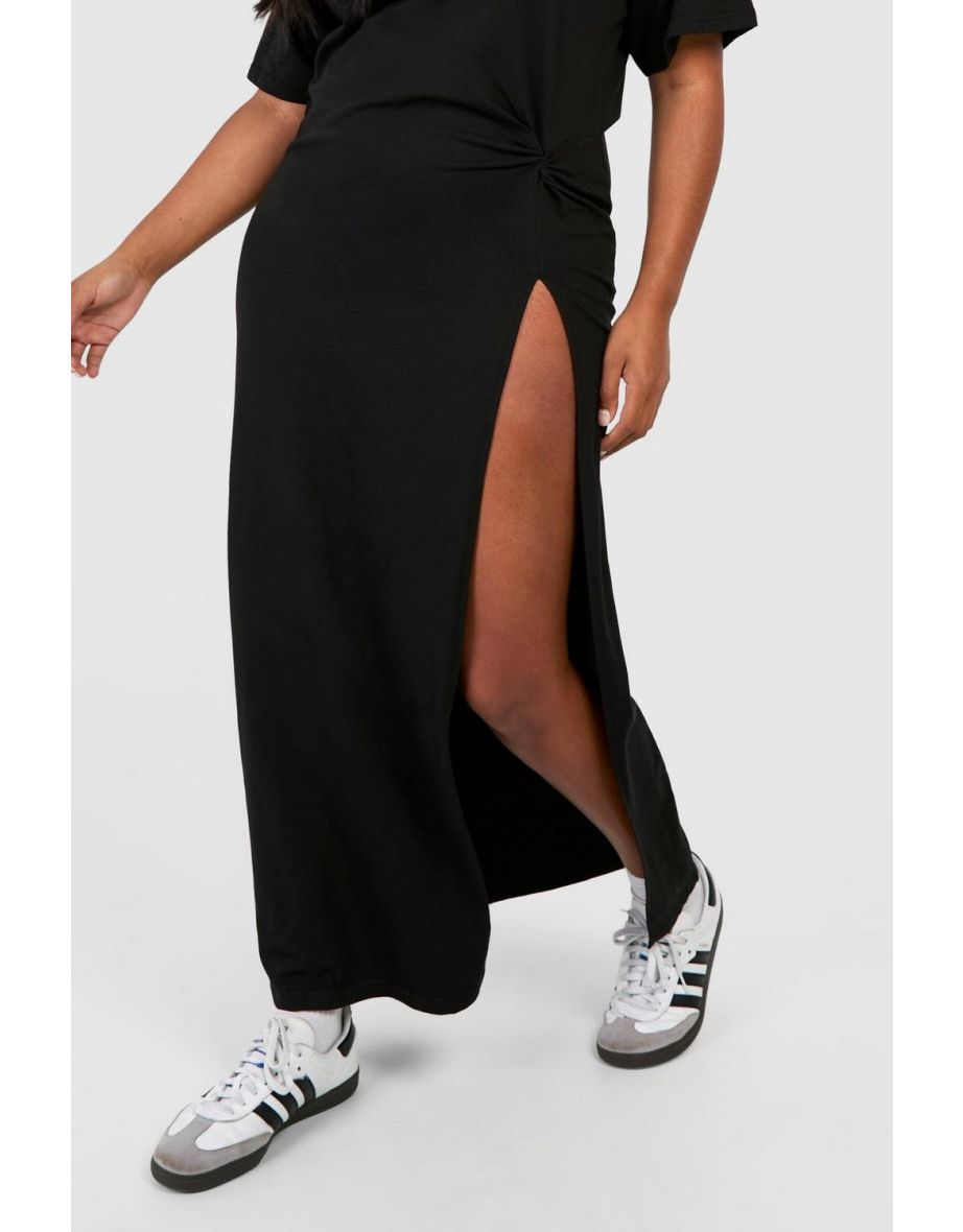 Plus Knot Detail High Split T-shirt Dress - black - 3