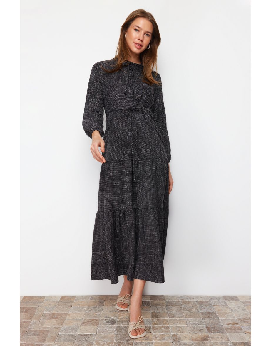 Black A-Line Maxi Dress with Long Sleeve