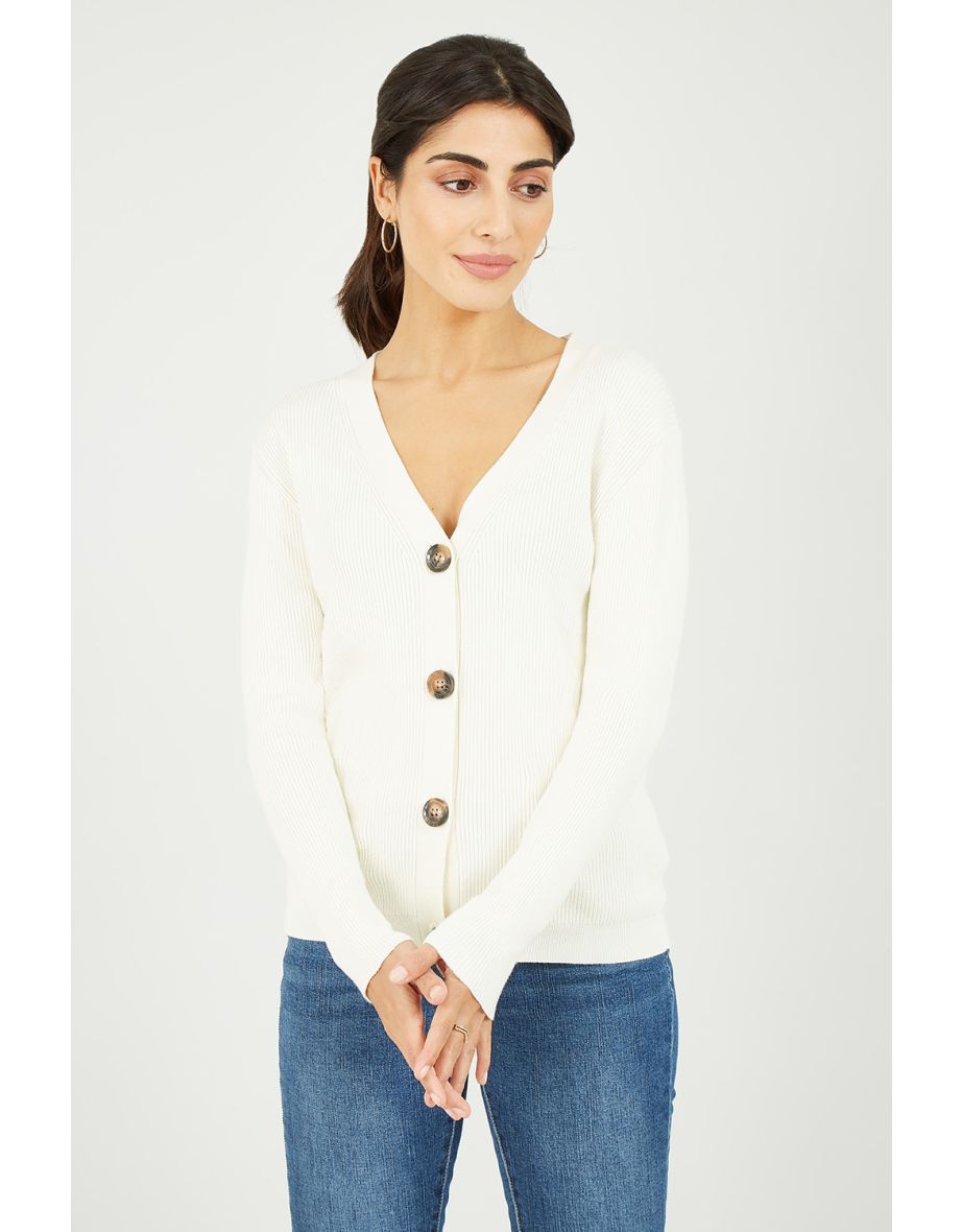 Yumi Cream Ribbed V-Neck Knitted Cardigan