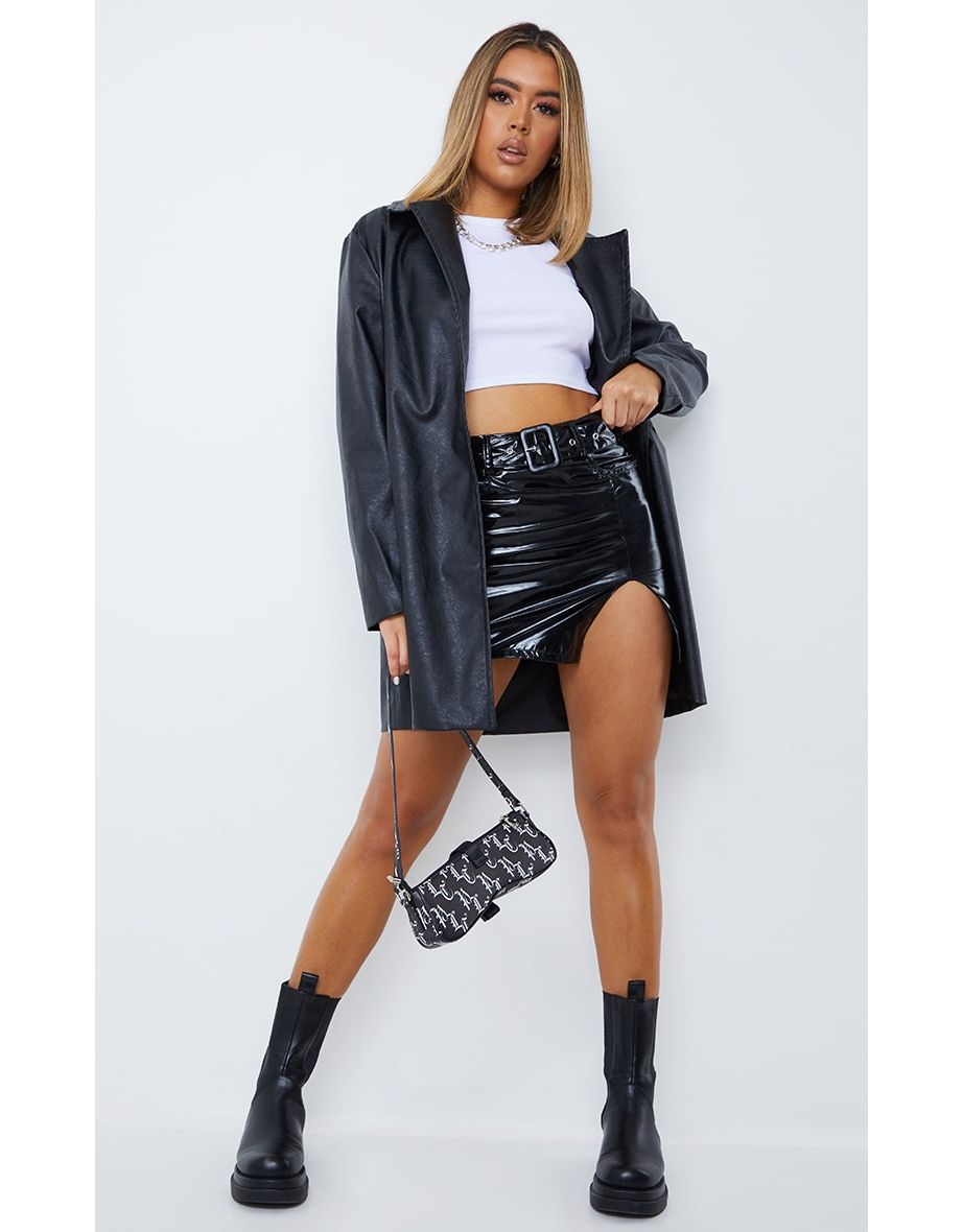 Black Vinyl Belted Mini Skirt