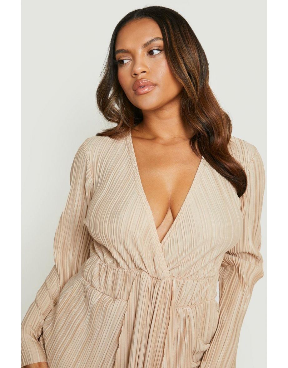 Plus Plisse Drape Wrap Dress - stone - 3