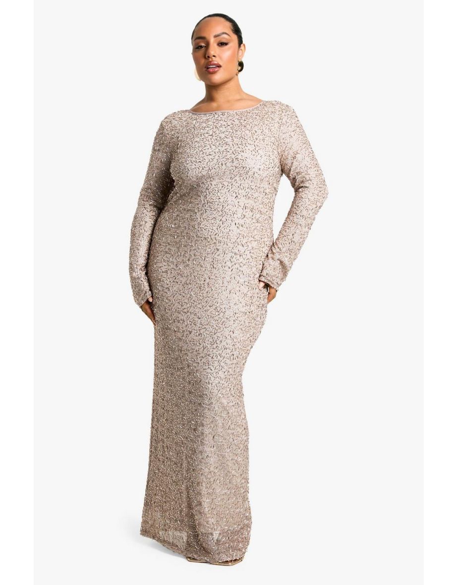Plus Open Back Hand Embellished Floor Length Dress - mocha