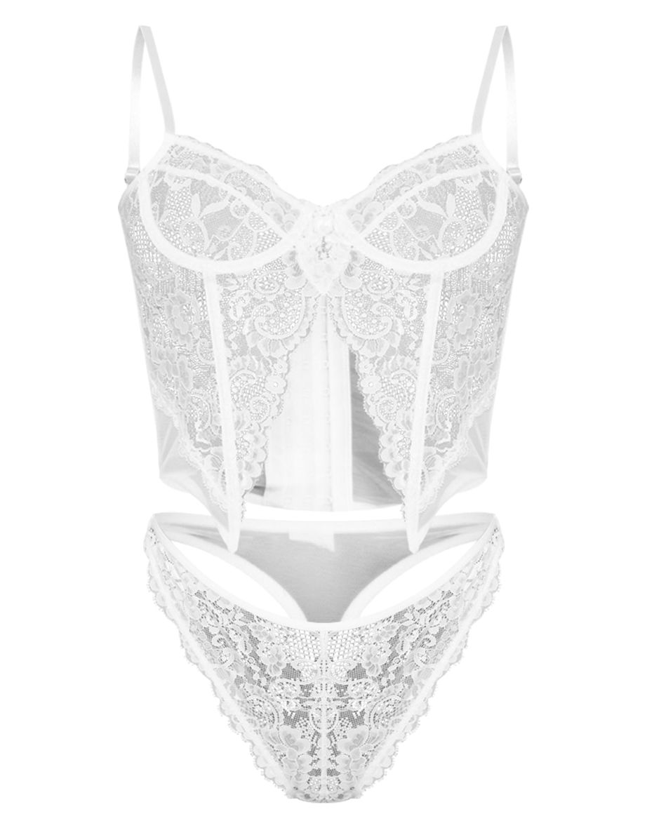 White Split Front Detail Lace Corset Lingerie Set - 3