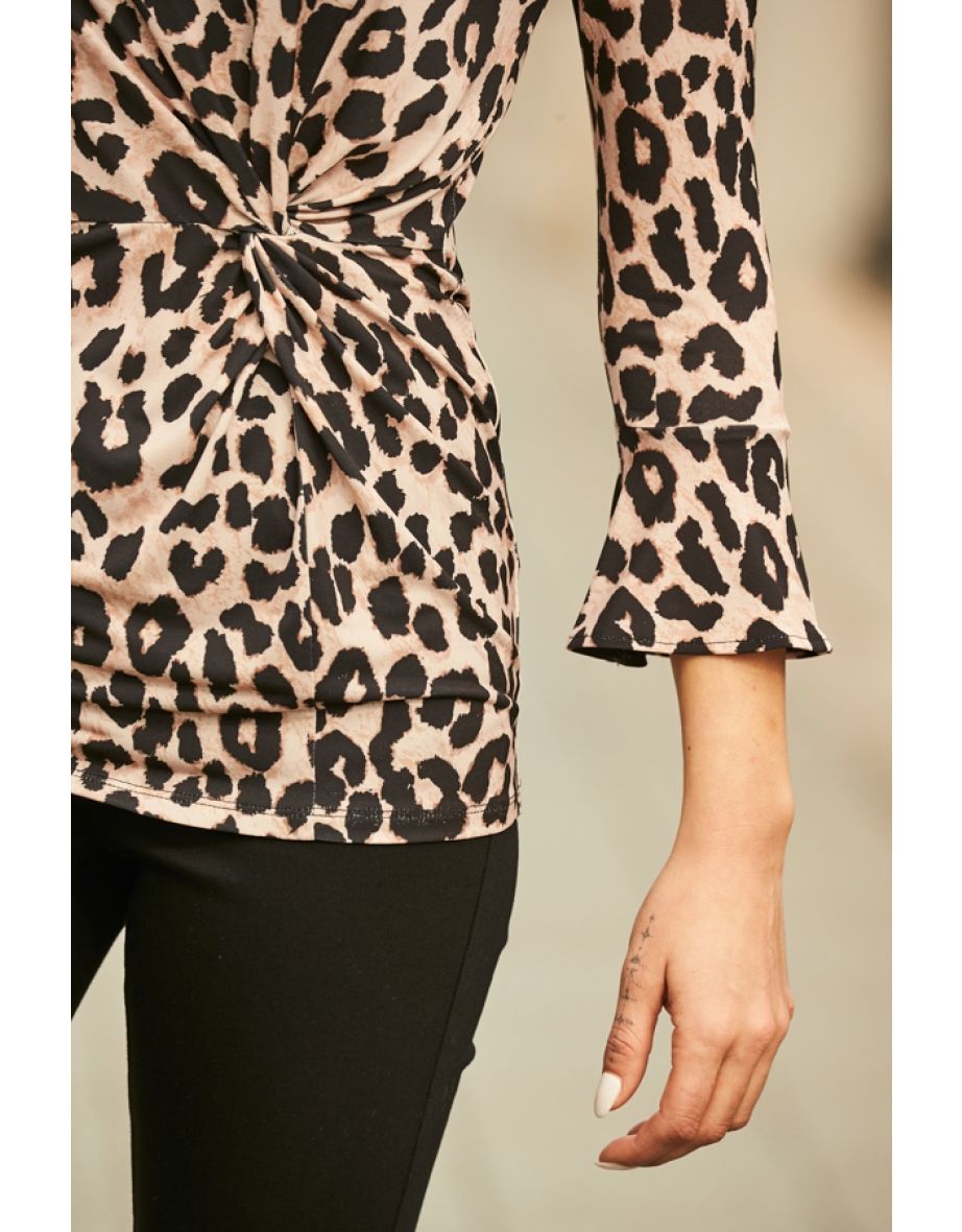 Leopard Print Twist Front Fluted Sleeve Jersey Top - 4