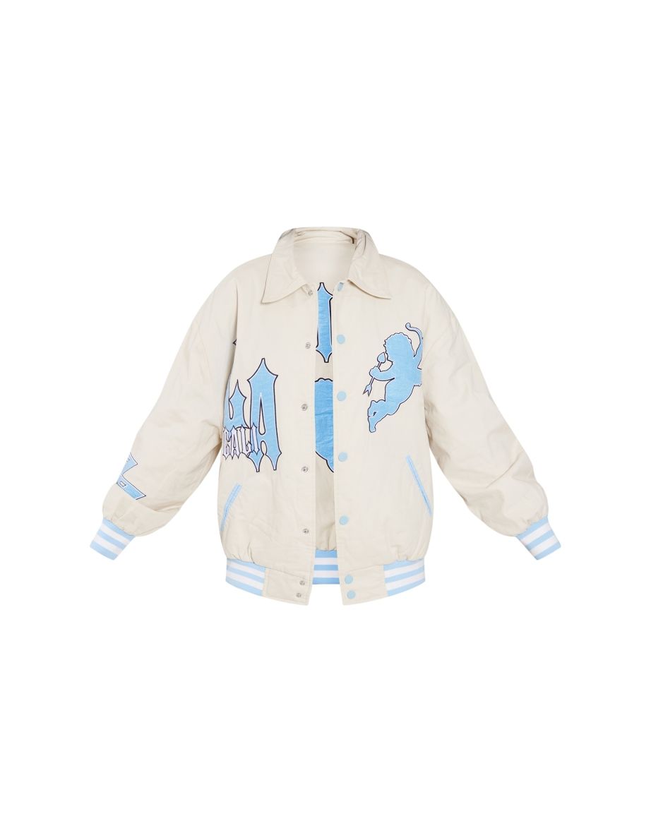 Stone Peach Skin Slogan Front Oversized Bomber Jacket - 4