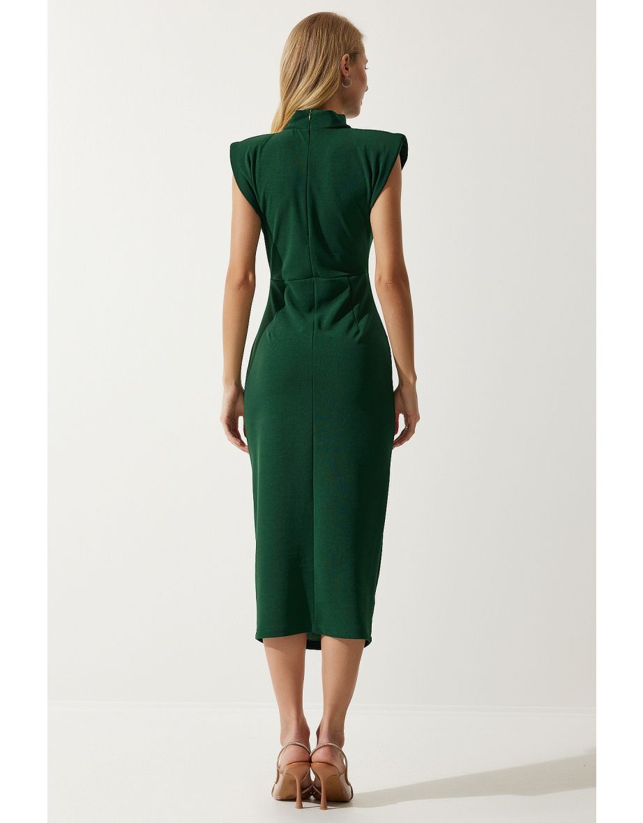 Women's Emerald Green Stylish Brooch Gathered Wrap Knitted Dress - 4