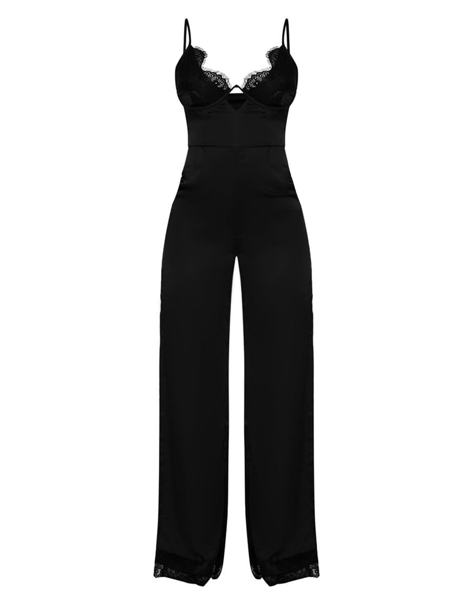 Black Satin Lace Trim Detail Jumpsuit - 4