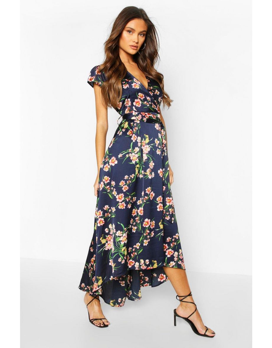 Cap Sleeve Tie Waist Floral Midaxi Dress  - navy