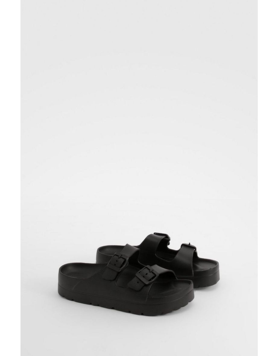 Double Buckle Flatform Sliders - black