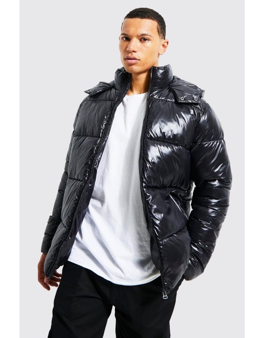 Tall High Shine Puffer Jacket in Black