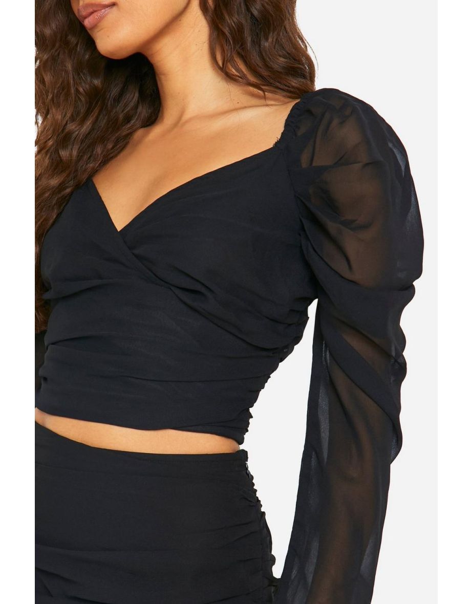 Chiffon Ruched Bust Volume Sleeve Crop - black - 3