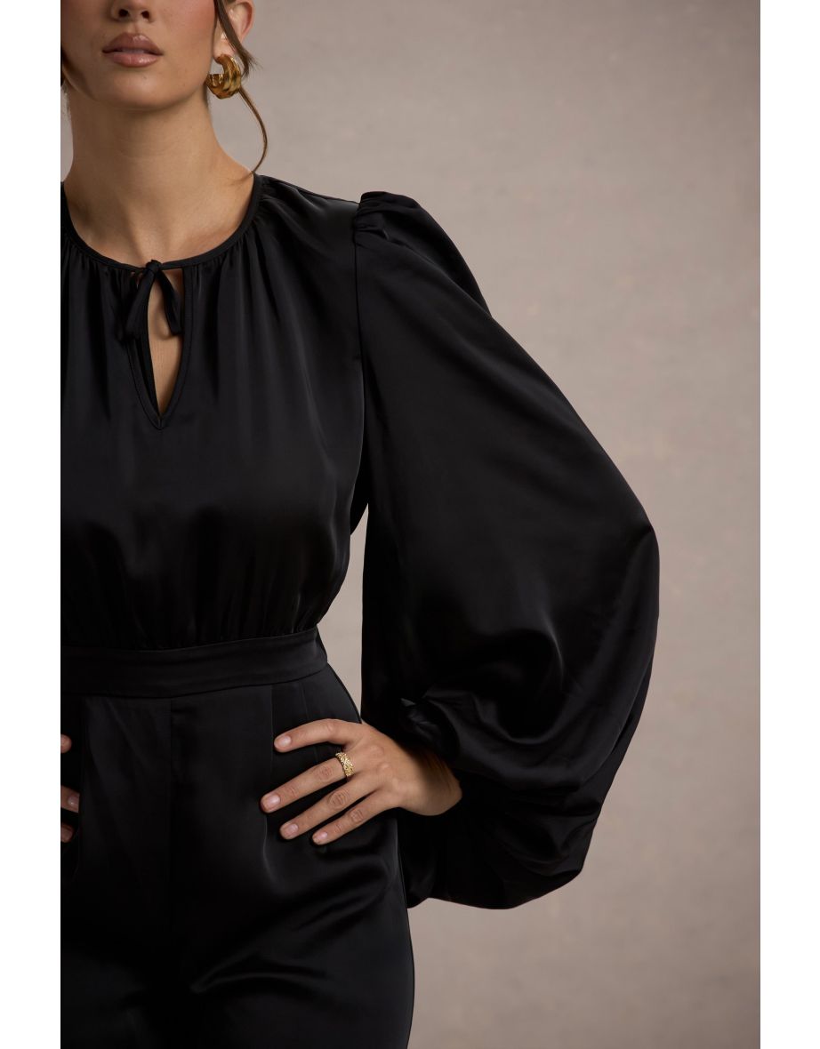 Suzanna | Black Satin Puff-Sleeve Wide-Leg Jumpsuit - 6