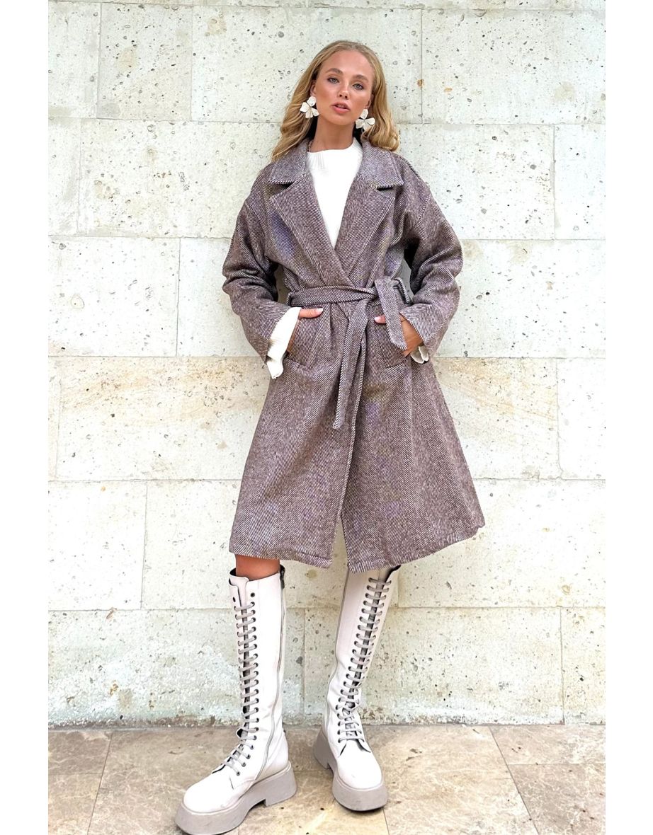 Women's Brown Double Breasted Waist Belted Herringbone Patterned Stamp Coat - 4