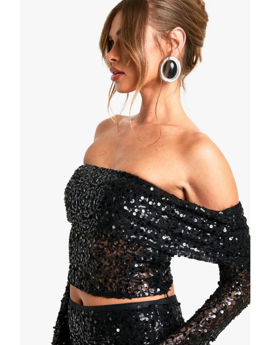 Sequin Beaded Lace Bardot Top - black - 3