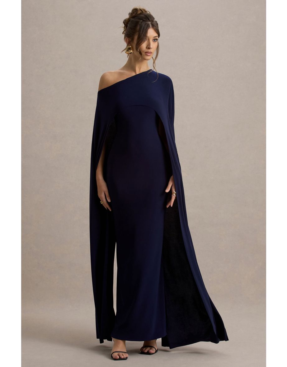Florentina | Navy One-Shoulder Cape Maxi Dress