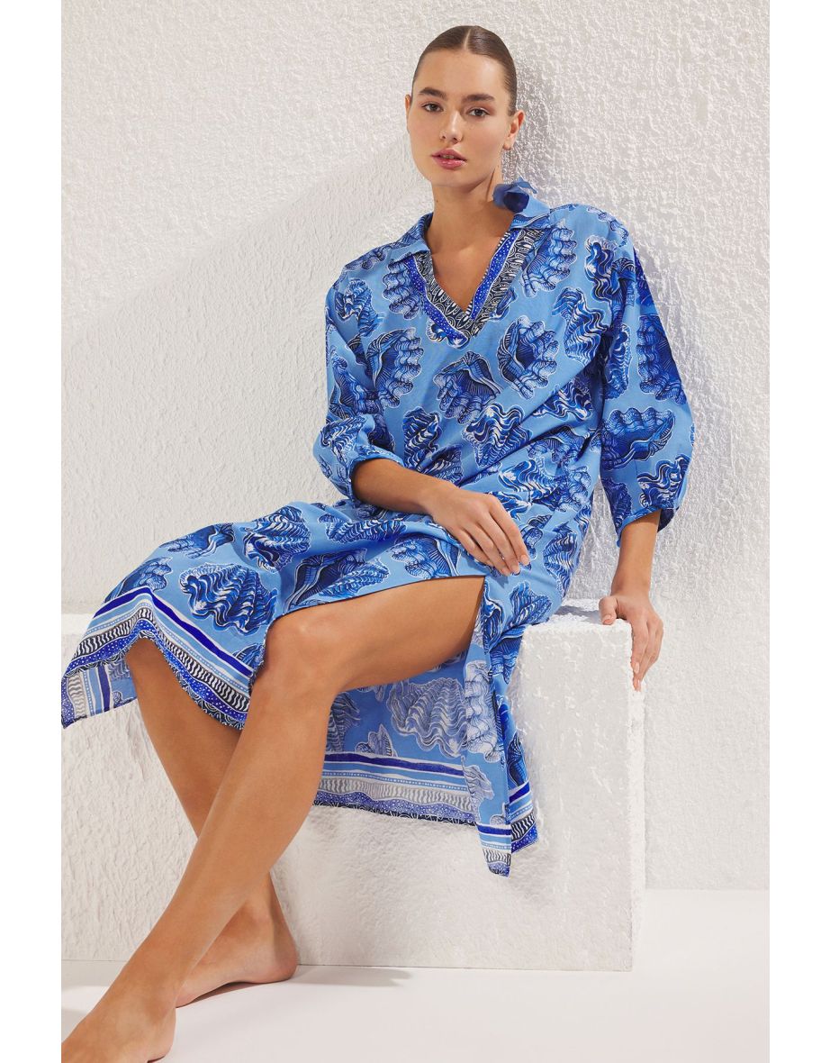 Navy Blue-Multi Colorful Slogan Regular Maxi Woven 100% Cotton Dress