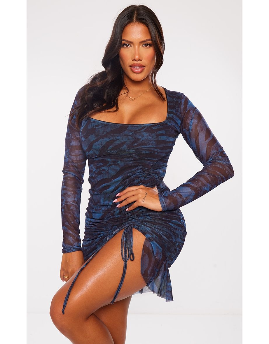 Shape Blue Mesh Long Sleeve Ruched Side Frill Hem Bodycon Dress