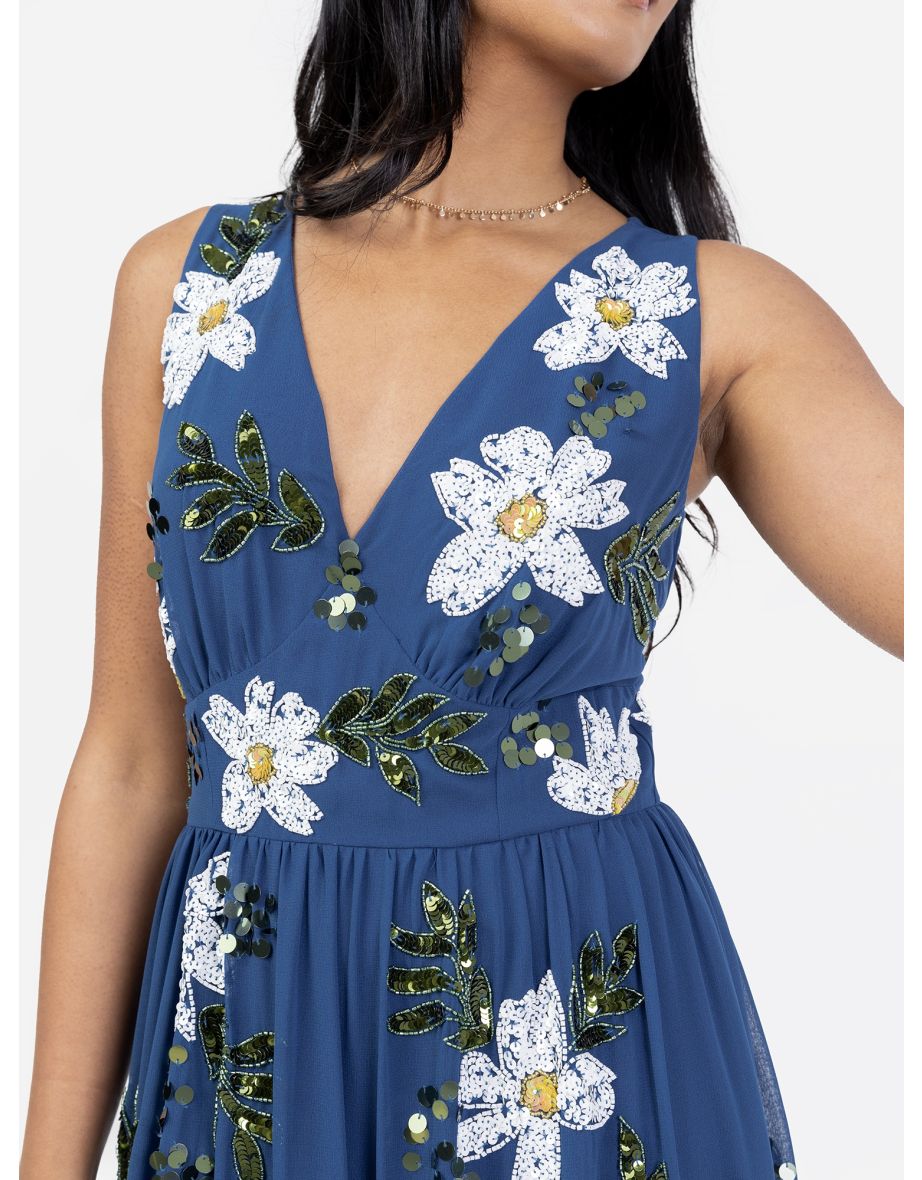 Maya Blue Floral Embellished V Neck Midaxi Dress with Split - 4