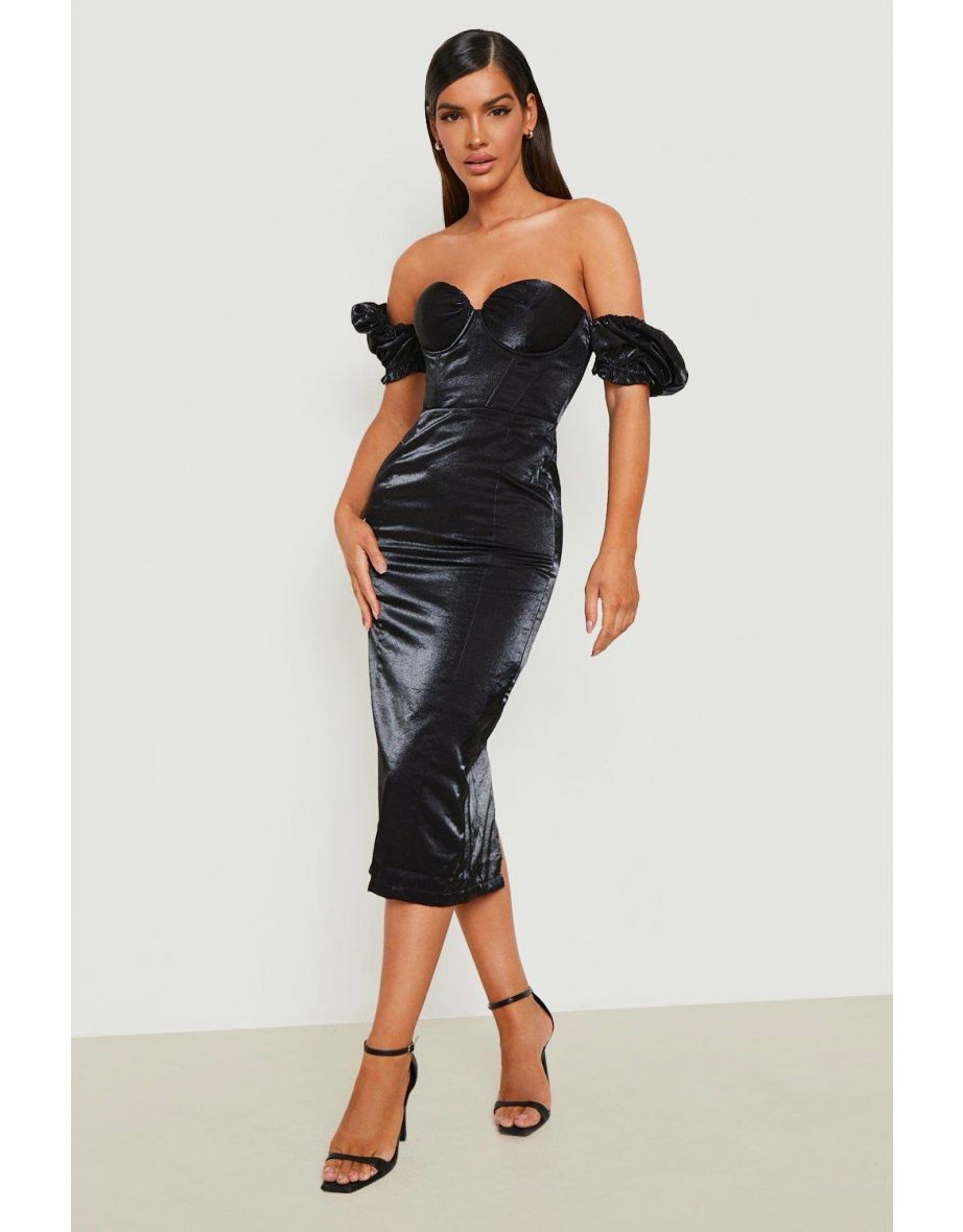 Puff Sleeve Cup Detail Bodycon Midi - black
