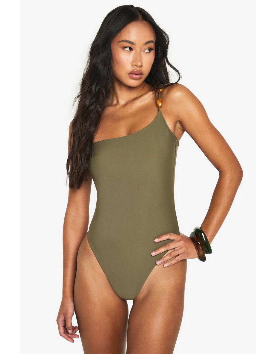 Resin Stone One Shoulder Swimsuit - khaki