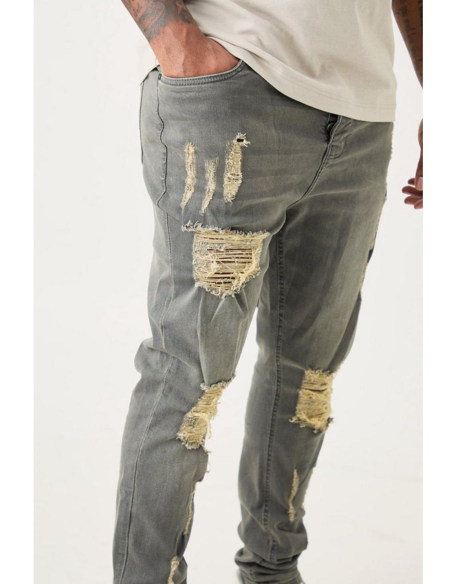 Plus Super Skinny Stretch Multi Rip Stacked Jeans - grey - 2