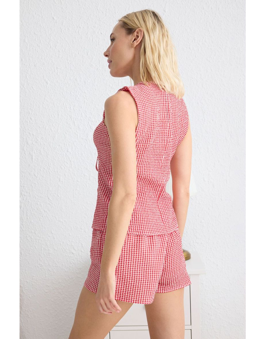 Red Gingham Tie Detail Woven Pajama Set with Shorts - 4