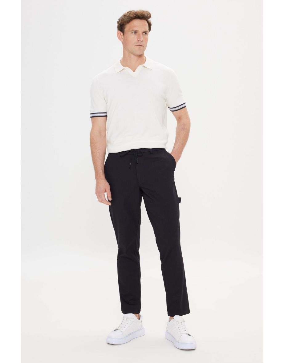 Men's Black Oversize Loose Cut Waist Tied Cotton Stretchy Dobby Side Pocket Trousers