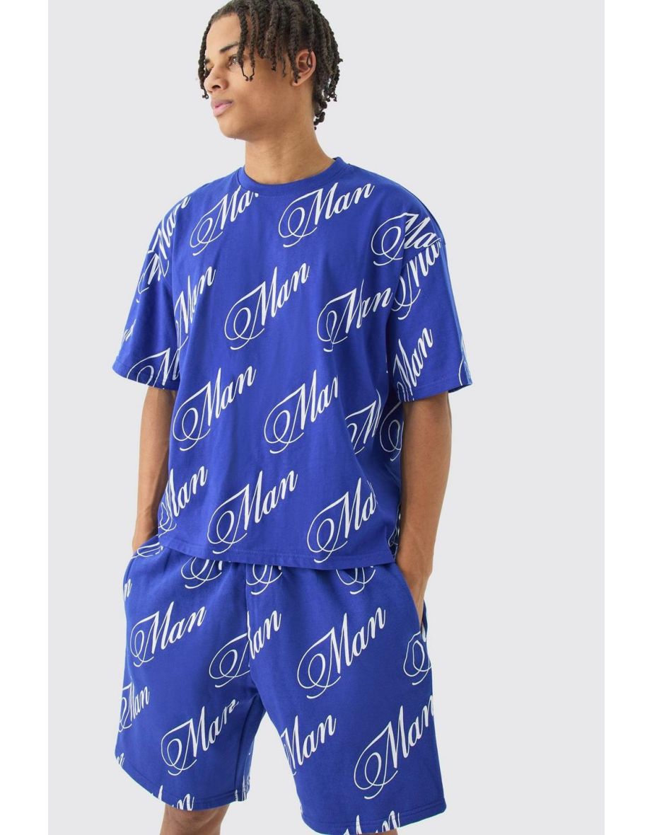 Limited Edition Script All Over Print Boxy Short Set - cobalt
