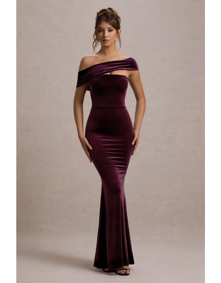 Candela | Port Velvet Asymmetric Bardot Maxi Dress