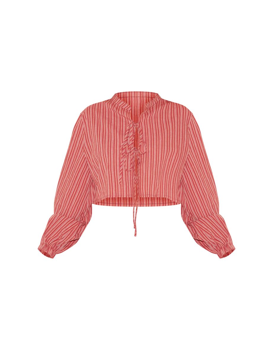 Red Striped Linen Cropped Shirt - 4