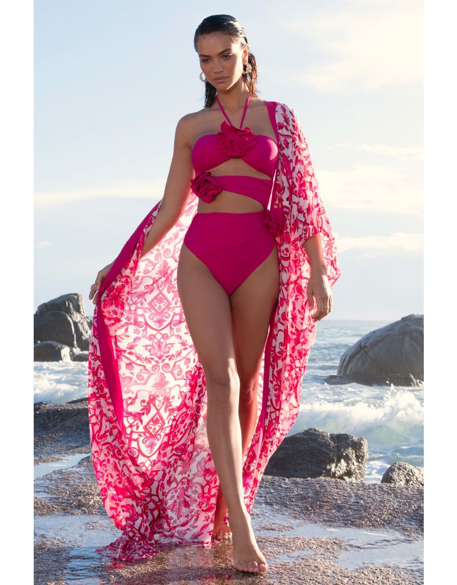 Monaco | Dark Pink Halter-Neck Swimsuit With Corsages